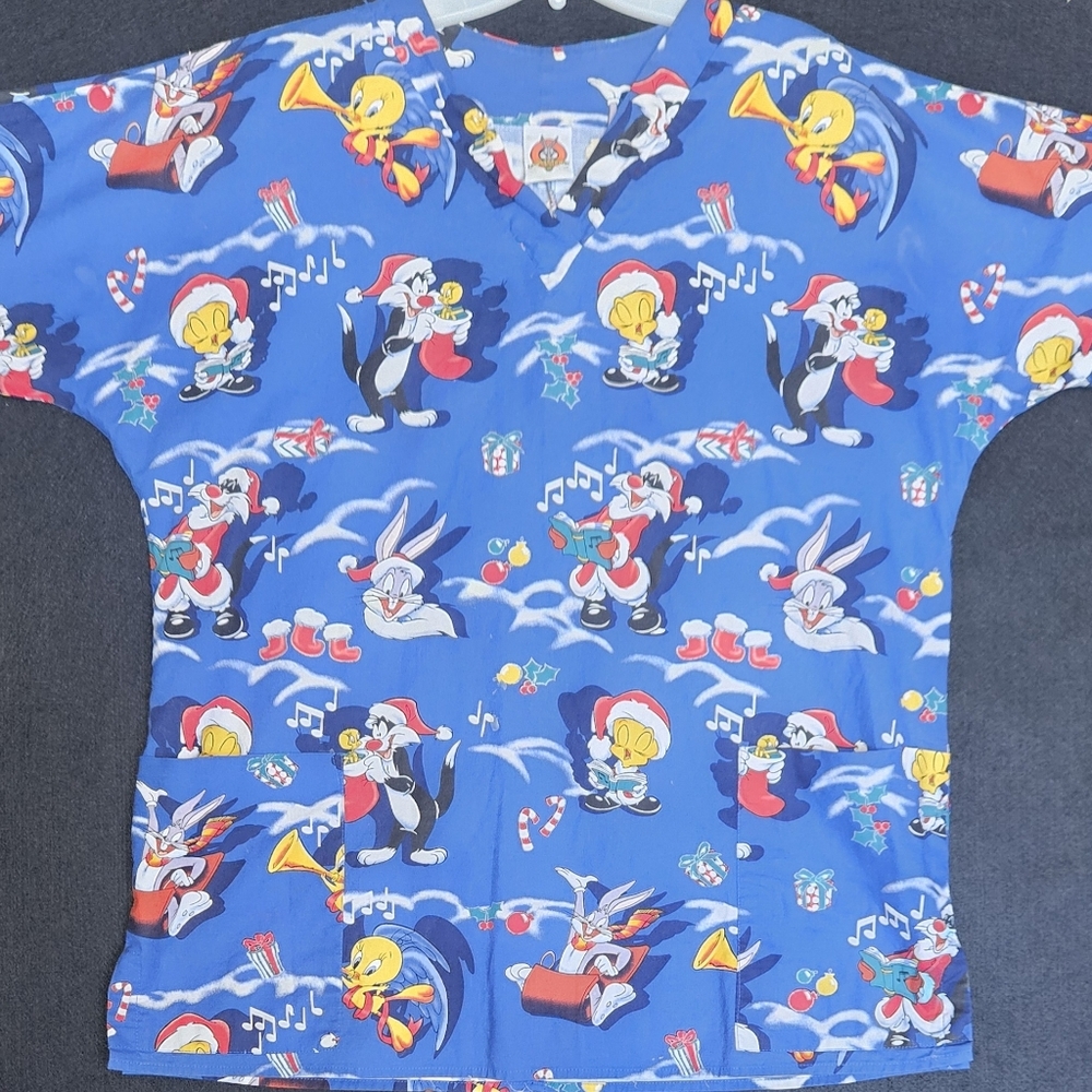 Looney Tunesβ Vintage Christmas Theme Women's Scrubs Top V-Neck